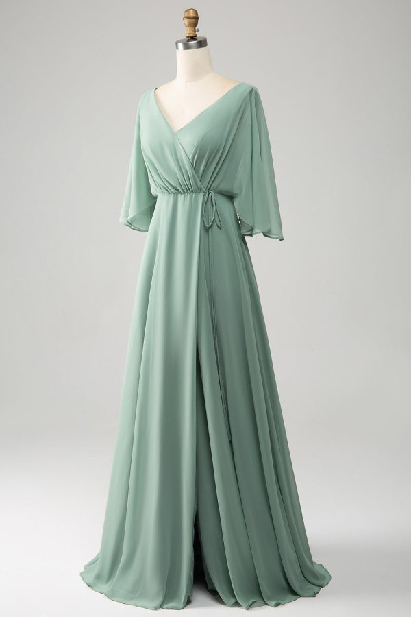 Matcha vleermuismouwen lange chiffon bruidsmeisjesjurk met split Mode – Bild 3