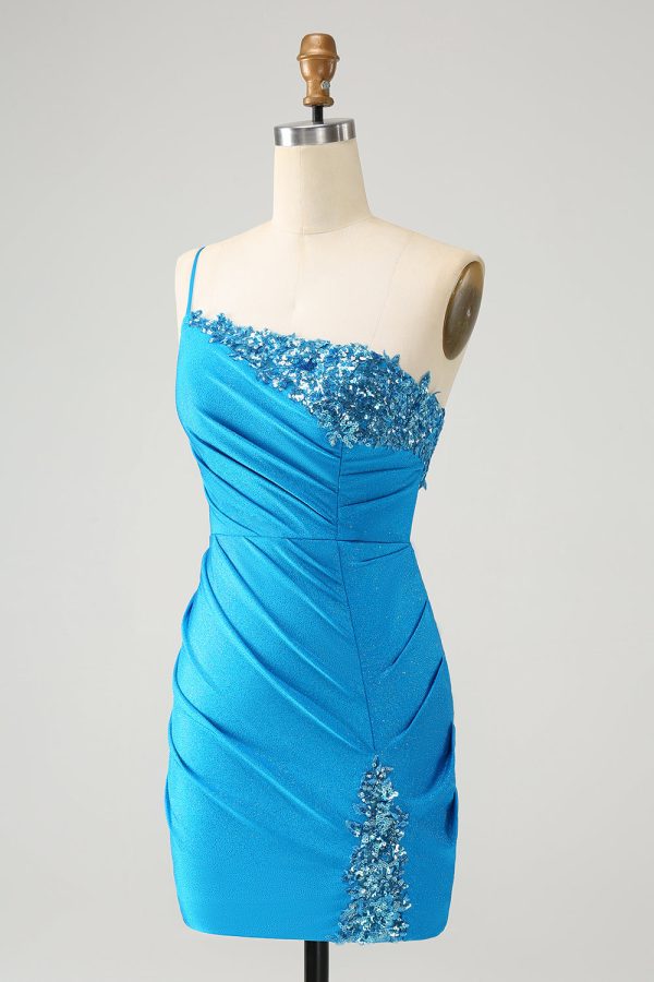 Blauwe Bodycon One Shoulder Ruched Satijnen Homecoming Dress met pailletten Online-Verkauf – Bild 3