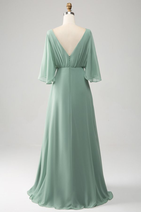 Matcha vleermuismouwen lange chiffon bruidsmeisjesjurk met split Mode – Bild 2