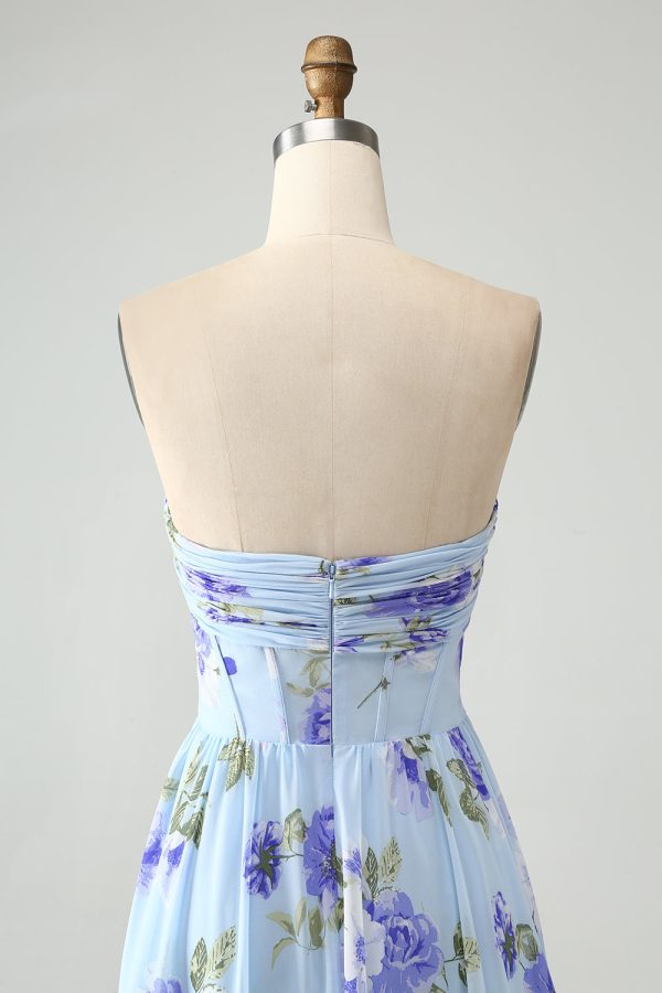 Blauwe bloemen A Line Sweetheart Strapless geplooide lange bruiloft gast jurk Mode – Bild 5