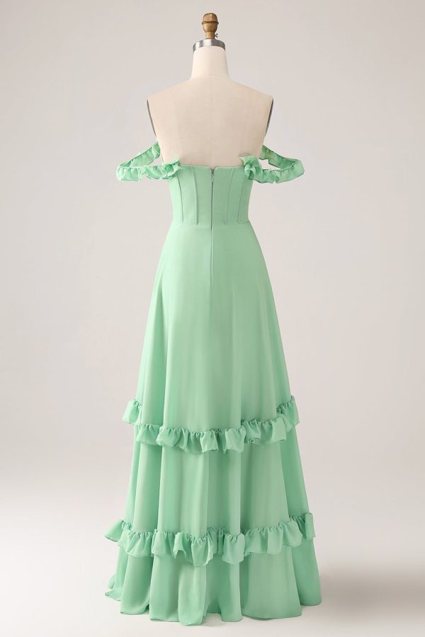 Groene A Line Off The Shoulder Corset Bruidsmeisje Jurk Met Ruches Zu verkaufen – Bild 5