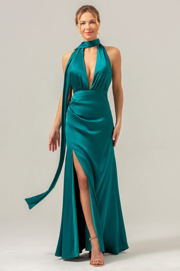 Peacock Sheath V-hals Backless Lange Bruidsmeisje Jurk met Split Rabatt