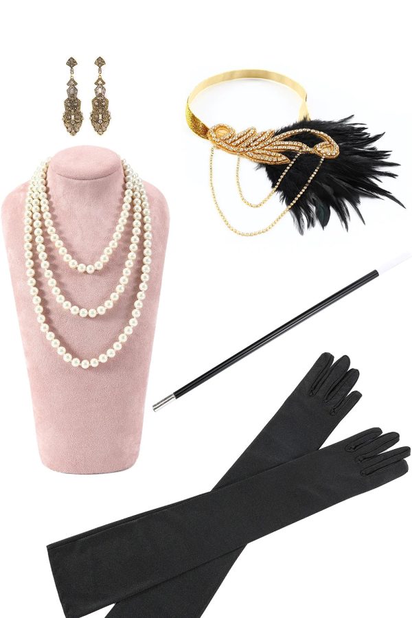 Donkergroene pailletten franjes Great Gatsby jurk met accessoires Set Mode – Bild 3