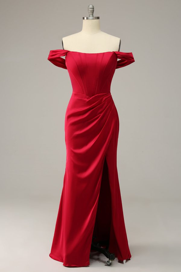 Zeemeermin van de schouder Bordeaux Plus Size Galajurk met Split Front Online-Schn?ppchen