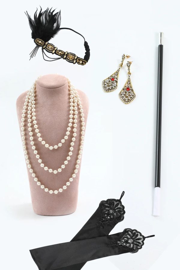Zwart gouden Glitter franjes jaren 1920 jurk met accessoires Set Verkauf – Bild 3