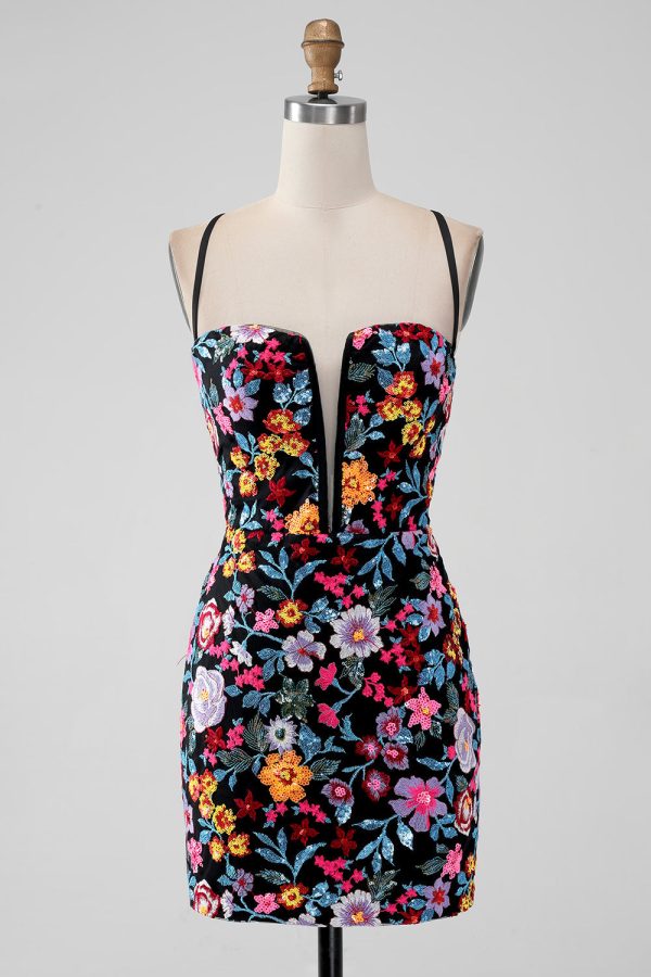 Black Flower Bodycon V-hals spaghettibandjes korte Homecoming Dress Mode