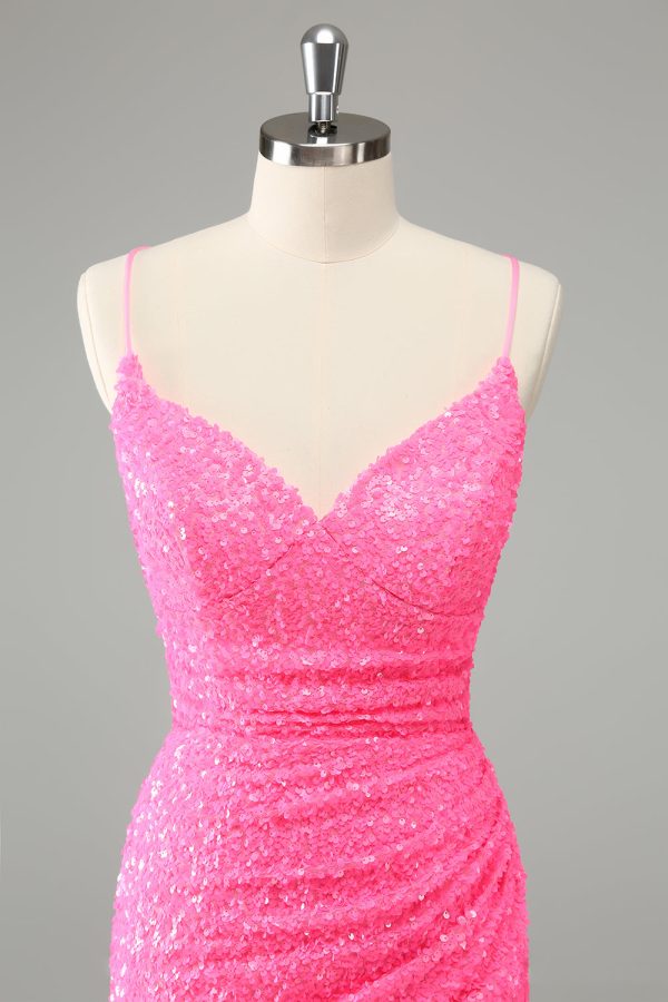 Glitter Hot Pink Bodycon Spaghetti Bandjes Pailletten Korte Homecoming Jurk Verkauf – Bild 4