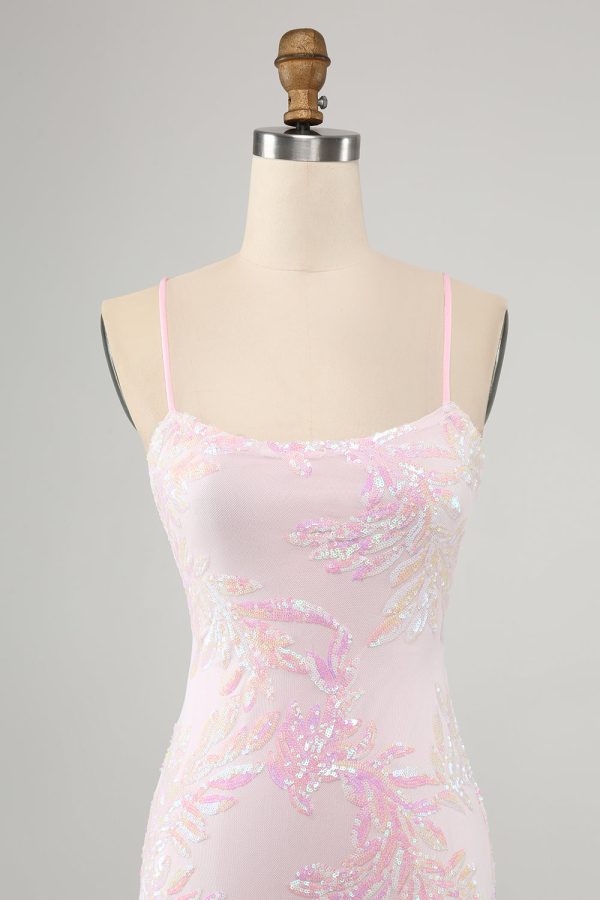 Roze Spaghetti Bandjes Bodycon Homecoming Jurk met Kriskras Rug Zu verkaufen – Bild 4