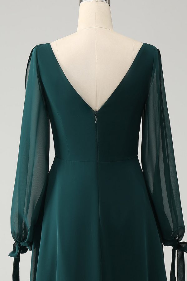A Line donkergroene Bateau hals chiffon bruidsmeisje jurk met split Schn?ppchen – Bild 5