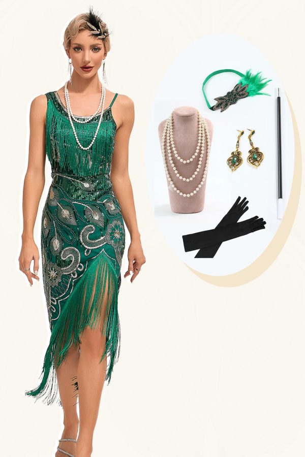 Sprankelende donkergroene pailletten franjes asymmetrische jaren 1920 Gatsby jurk met accessoires Set Zu verkaufen