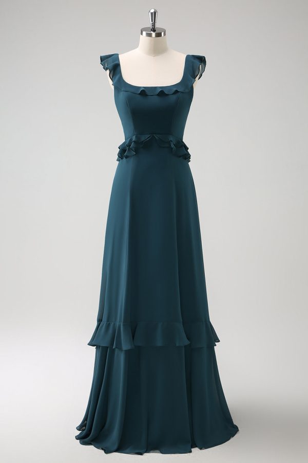 Donkere Peacock Green Scoop hals A-lijn chiffon bruidsmeisjesjurk Mode