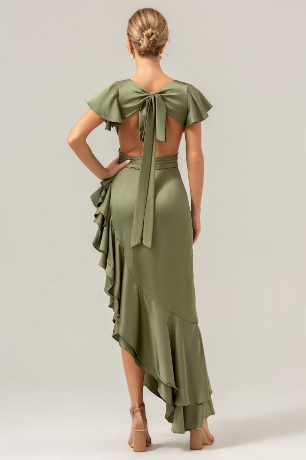 Olive A Line V-hals satijnen asymmetrische bruidsmeisjesjurk met ruches Online-Schn?ppchen – Bild 2