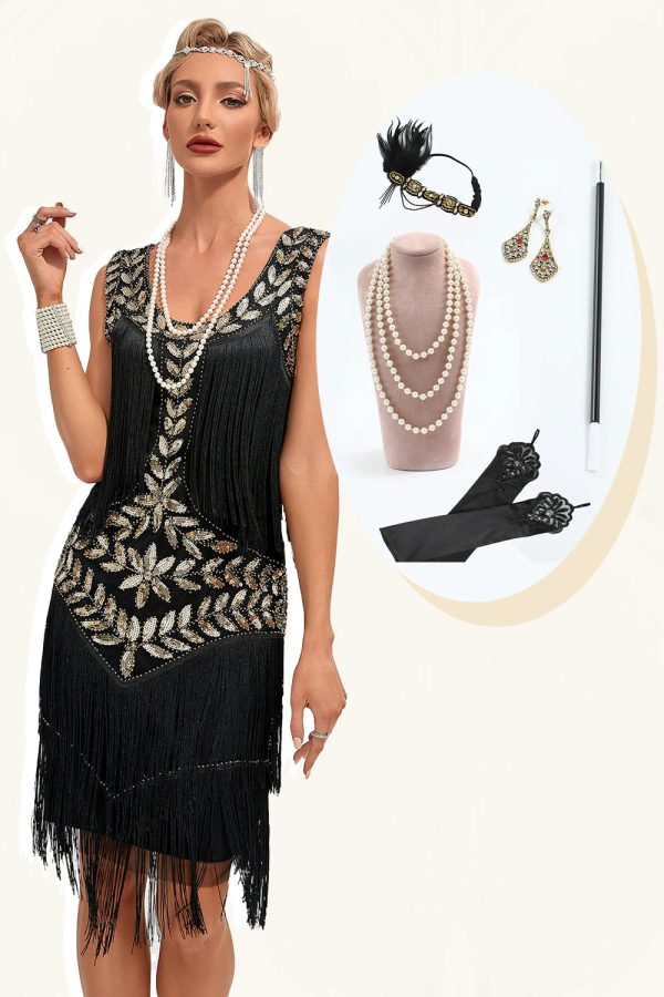 Glitter zwarte pailletten omzoomd jaren 1920 Gatsby jurk met accessoires Set Schn?ppchen
