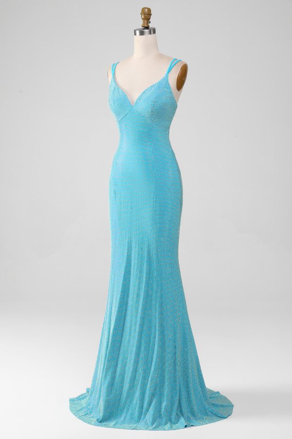 Sprankelende Turquoise zeemeermin Spaghetti bandjes lange Prom jurk met kralen Im Angebot – Bild 3