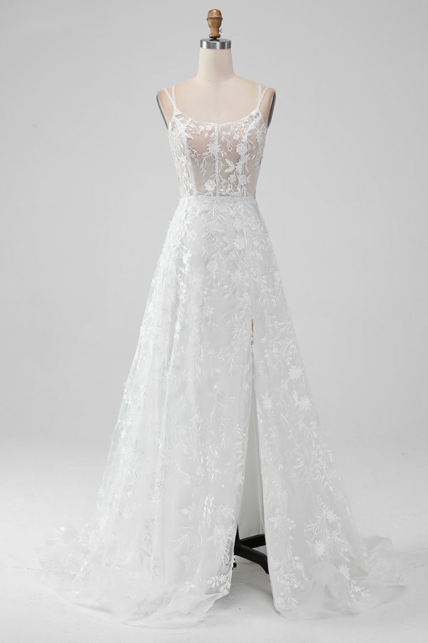 Ivoor A Line Spaghetti Bandjes Applique Lace Corset Trouwjurk met Split Jetzt online
