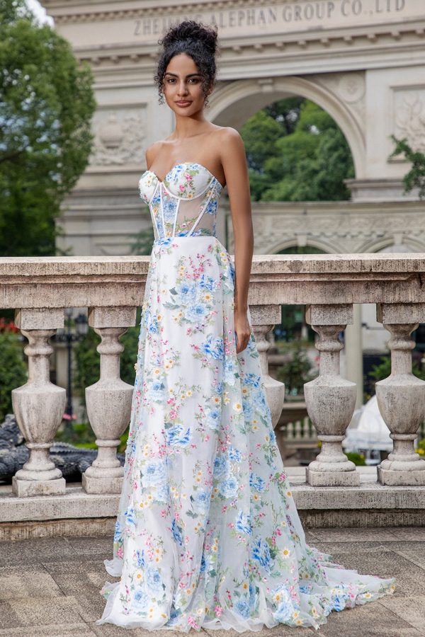 Wit Blauw Bloem A Line Sweetheart Korset Lange Prom Jurk met Split Schn?ppchen – Bild 4