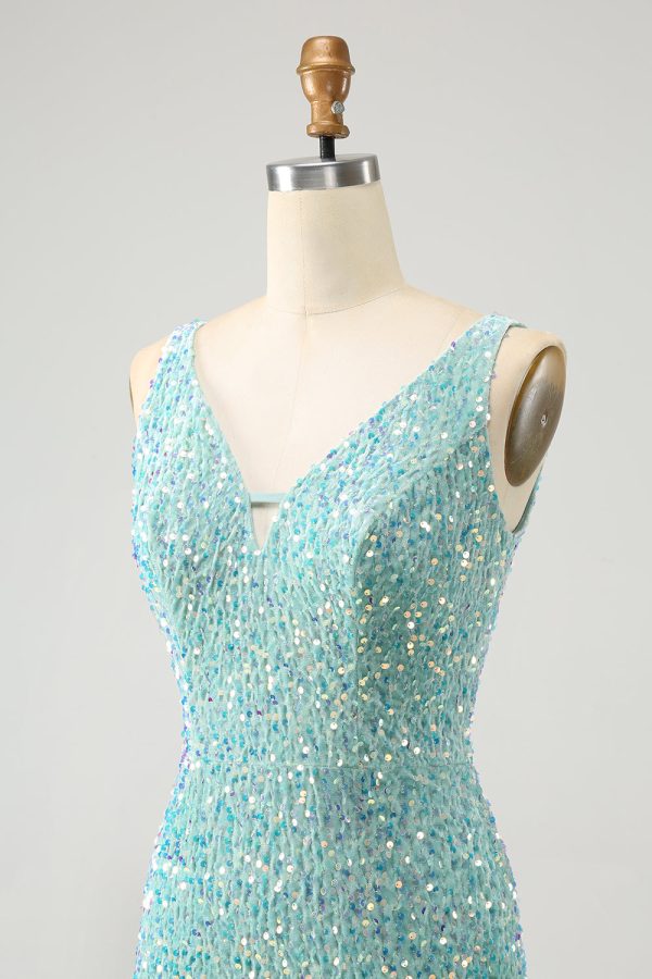Sparkly Sage Bodycon V-hals pailletten korte Homecoming jurk met kwastje Zu verkaufen – Bild 5