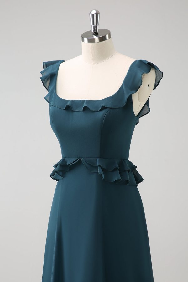 Donkere Peacock Green Scoop hals A-lijn chiffon bruidsmeisjesjurk Mode – Bild 5