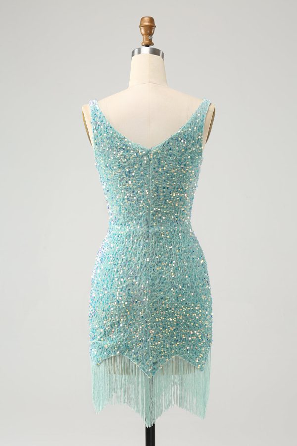 Sparkly Sage Bodycon V-hals pailletten korte Homecoming jurk met kwastje Zu verkaufen – Bild 2
