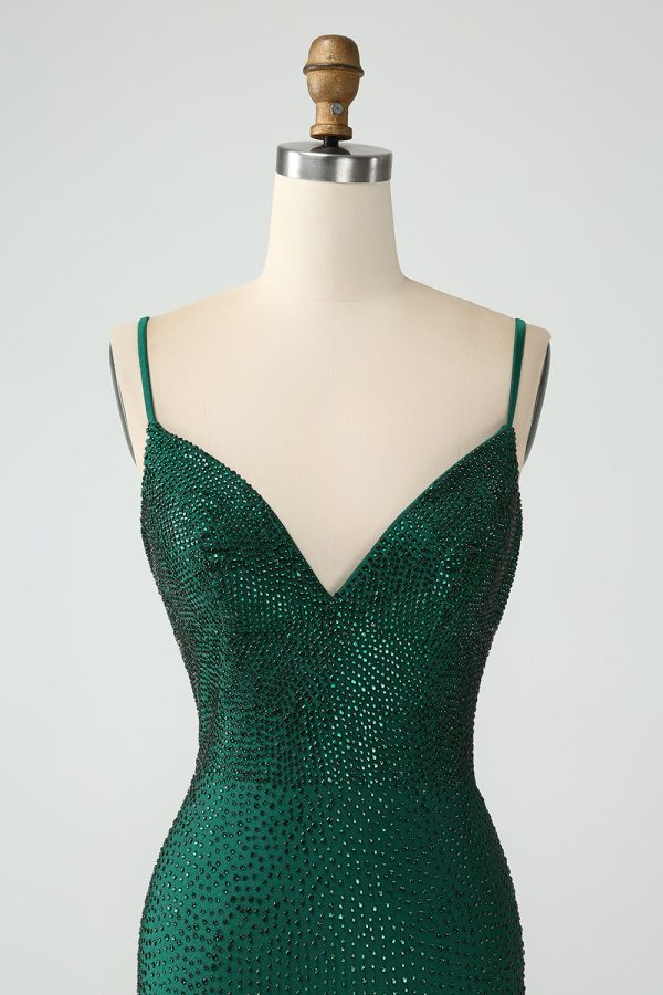 Donkergroene Bodycon Spagehtti bandjes Backless Homecoming jurk met kralen Schn?ppchen – Bild 4