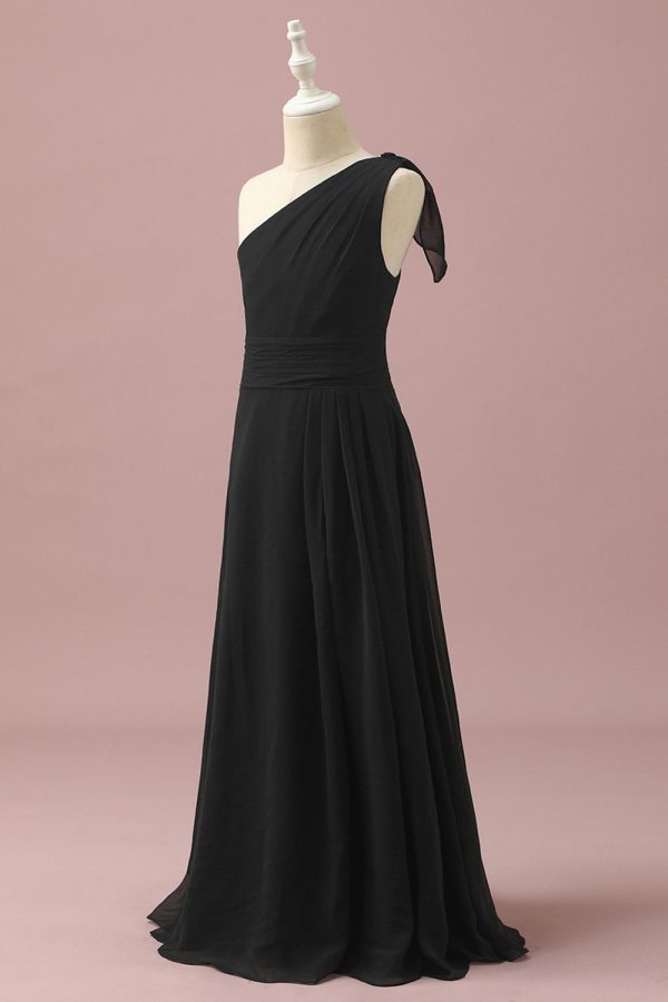 Zwarte Chiffon One Shoulder A-Line Junior Bruidsmeisje Jurk Zu verkaufen – Bild 3