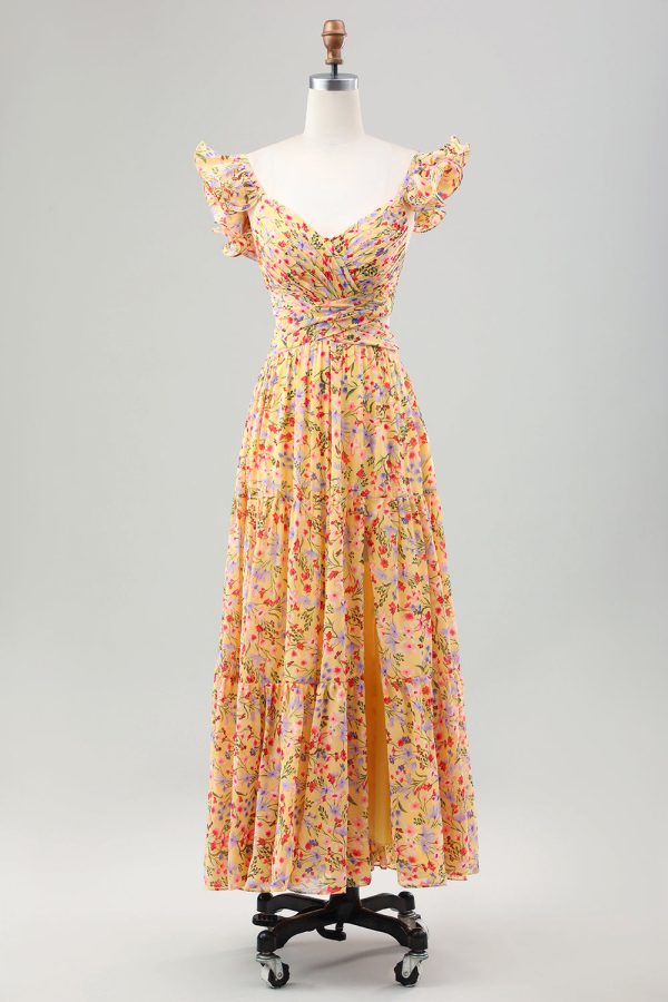 Gele bloem A Line V-hals Print geplooide bruiloft gast jurk met spleet Online
