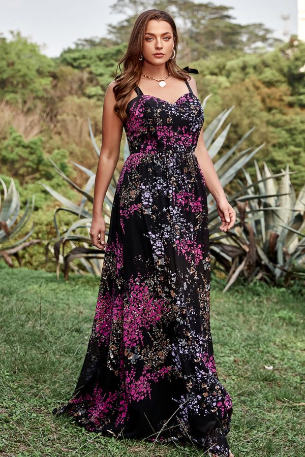 A Line Spaghetti Straps Zwart Mixed Flower Plus Size Prom Jurken Verkauf – Bild 4
