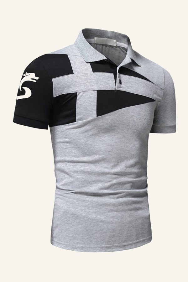 Zwart en grijs Regular Fit Collared Patchwork Heren Polo Shirt Im Angebot – Bild 3