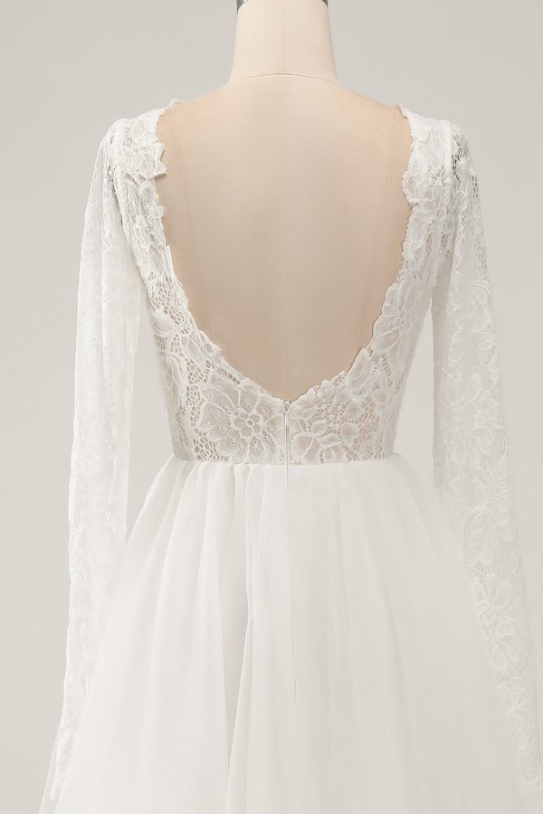 Elegante Ivoor A Line Backless Lange Mouwen Trouwjurk met Kant Verkauf – Bild 5