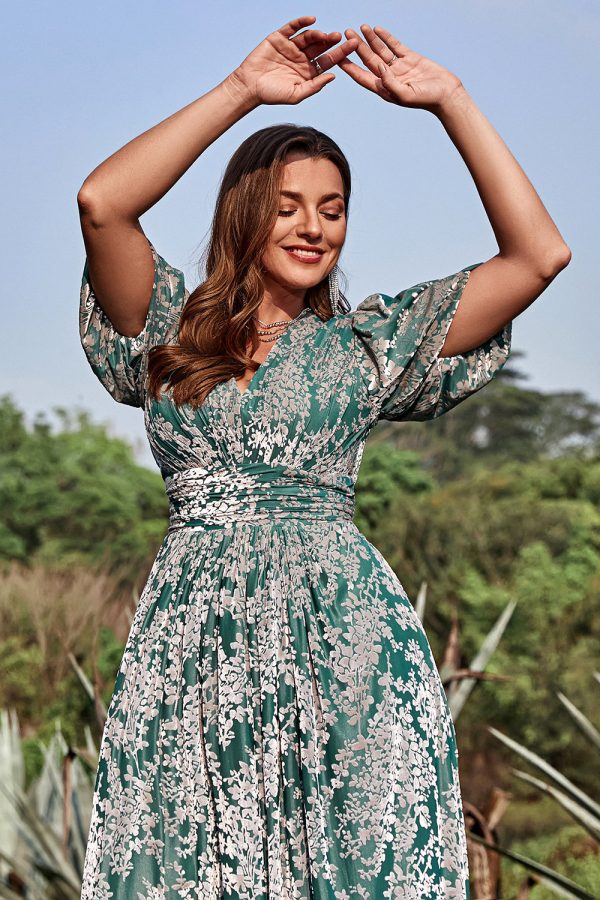 A lijn V-hals groene bloemen bedrukte plus size galajurk met korte mouwen Schn?ppchen – Bild 5