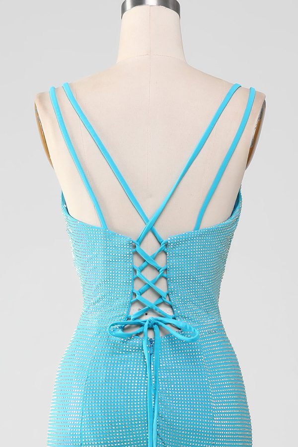 Sprankelende Turquoise zeemeermin Spaghetti bandjes lange Prom jurk met kralen Im Angebot – Bild 5