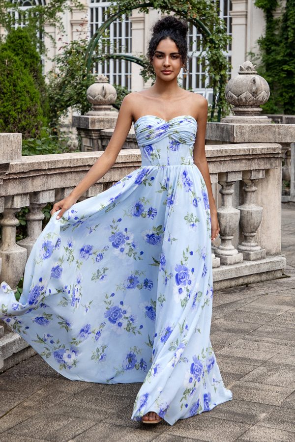 Blauwe bloemen A lijn Sweetheart Strapless Print geplooide lange bruiloft gast jurk Rabatt