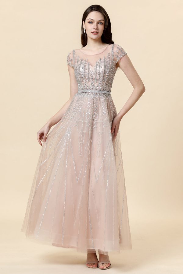 Sparkly Blush Beaded A-Line Tule Formele Jurk Im Angebot