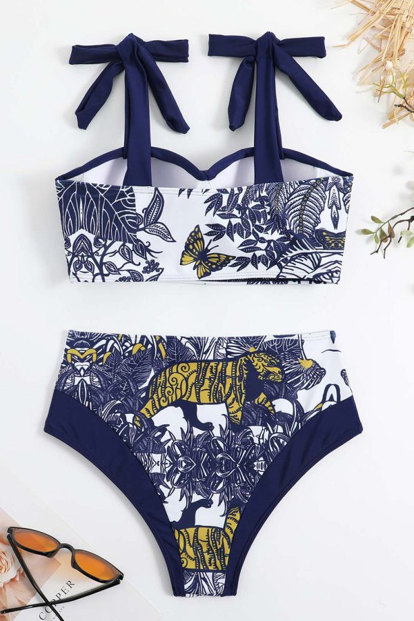Hoge taille bedrukt donkerblauwe 3-delige badmode set met strandjurk Schn?ppchen – Bild 5