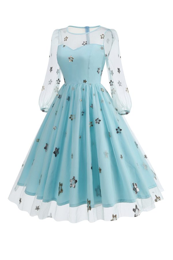 Floral Blue A Line jaren 1950 jurk met lange mouwen Online-Verkauf – Bild 3