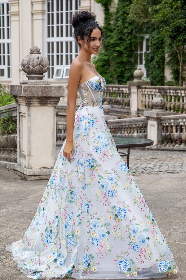 Wit Blauw Bloem A Line Sweetheart Korset Lange Prom Jurk met Split Schn?ppchen – Bild 5