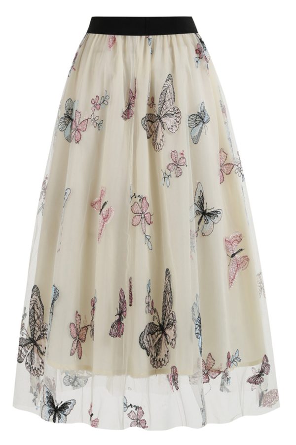 Abrikoos Hoge Taille Print Chiffon Bloemen Losse Midi A Line Rok Online