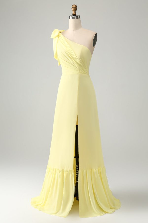 A Line One Shoulder gele lange bruiloft gast jurk met split Rabatt – Bild 3