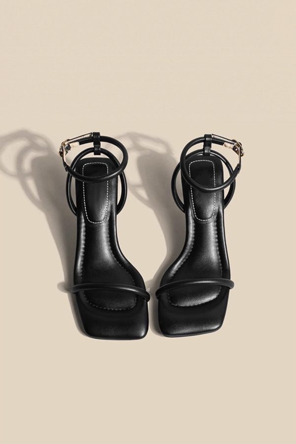 Zwarte PU lederen enkelbandje sandalen met hoge hak Online-Schn?ppchen
