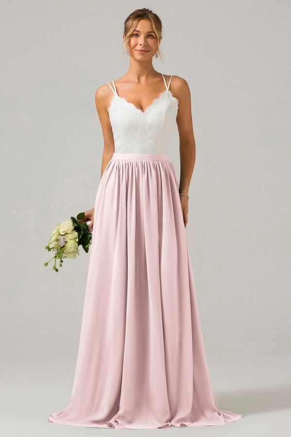 Blozen roze Open Back Boho Chiffon lange bruidsmeisje jurk met kant Angebot