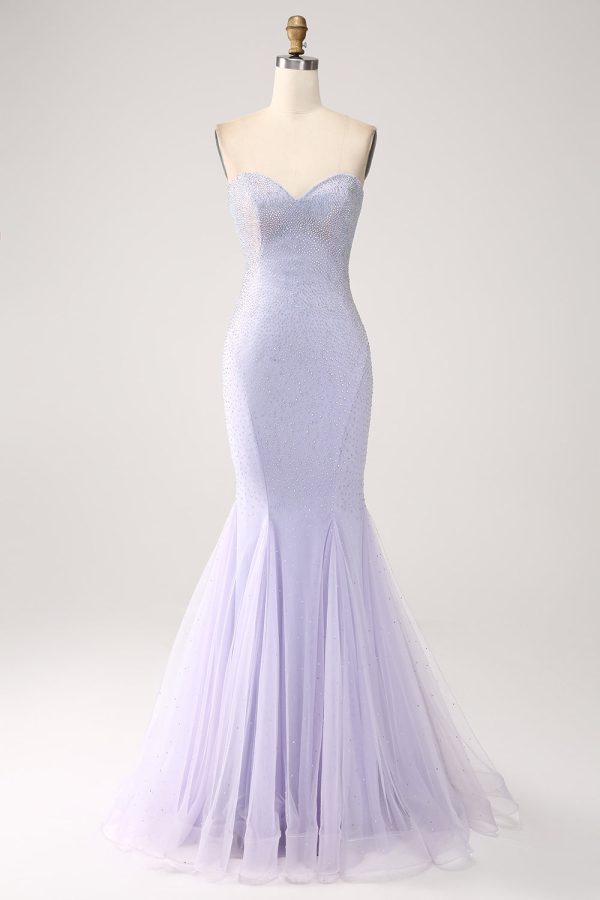 Lila zeemeermin strapless kralen lange galajurk Mode