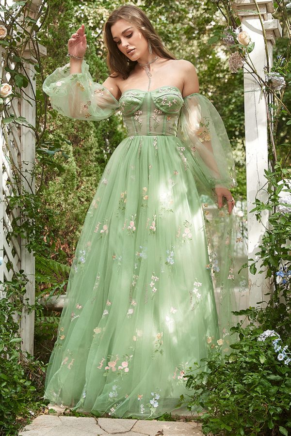 Off The Shoulder Groene Lange Mouwen A-Line Galajurk Rabatt – Bild 3