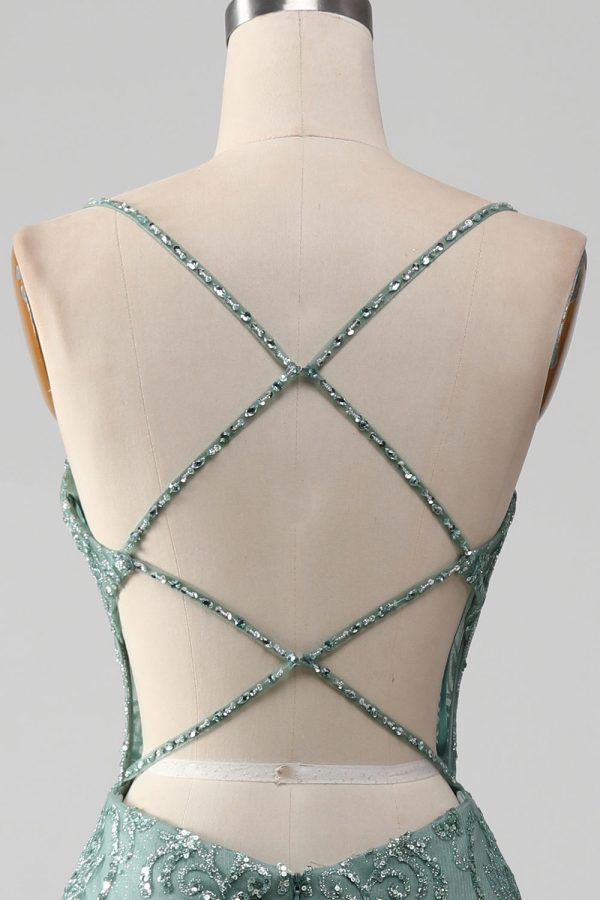 Spaghetti Staps Sparkly grijs groen Prom jurk met kralen Angebot – Bild 5