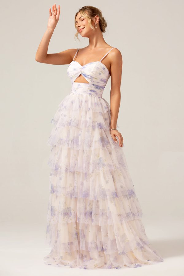 Lavendel Bloem Prinses Spaghetti Bandjes Gelaagde Prom Jurk met Geplooid Online