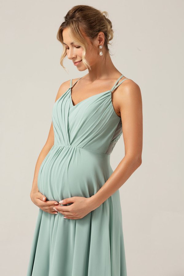 A-lijn spaghettibandjes Backless moederschap Matcha bruidsmeisjesjurk Im Angebot – Bild 5