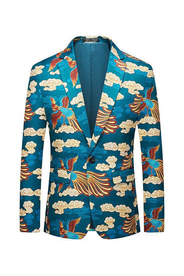 Blauwe kraan jacquard ingekerfde revers heren blazer Rabatt