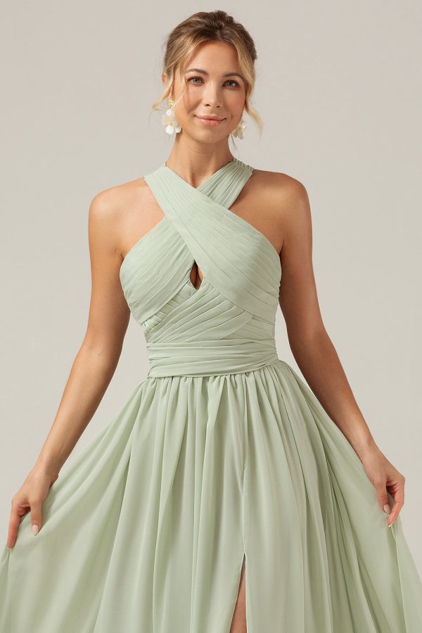 Stoffige salie Boho chiffon lange bruidsmeisje jurk met knop terug Mode – Bild 4