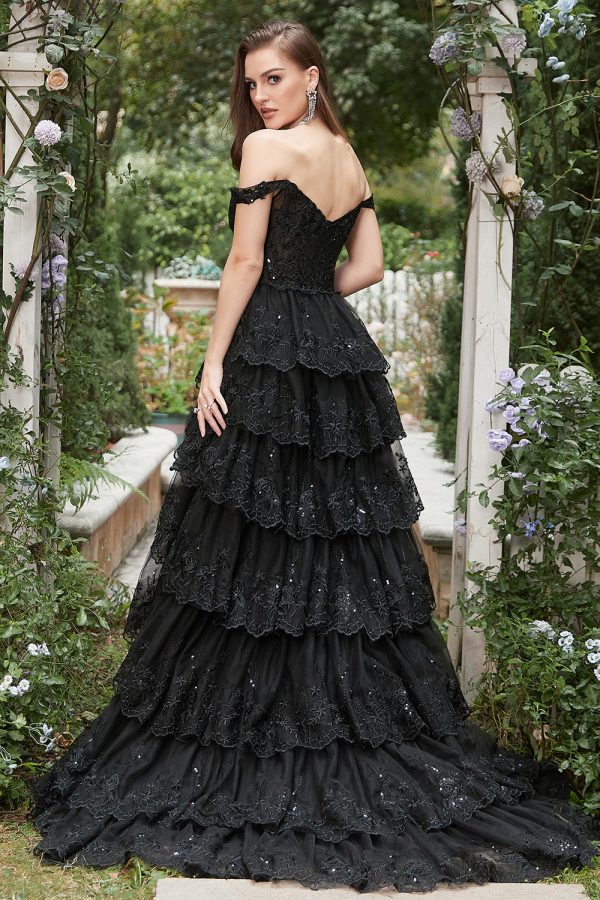 Long Off The Shoulder Zwart gelaagde galajurk Zu verkaufen – Bild 2