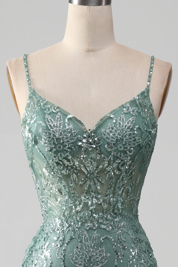 Spaghetti Staps Sparkly grijs groen Prom jurk met kralen Angebot – Bild 4