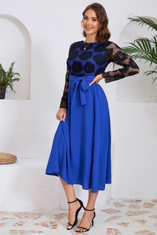 Koningsblauwe schede Lace Top Lange Mouwen Lange Feestjurk met Sjerp Verkauf – Bild 4